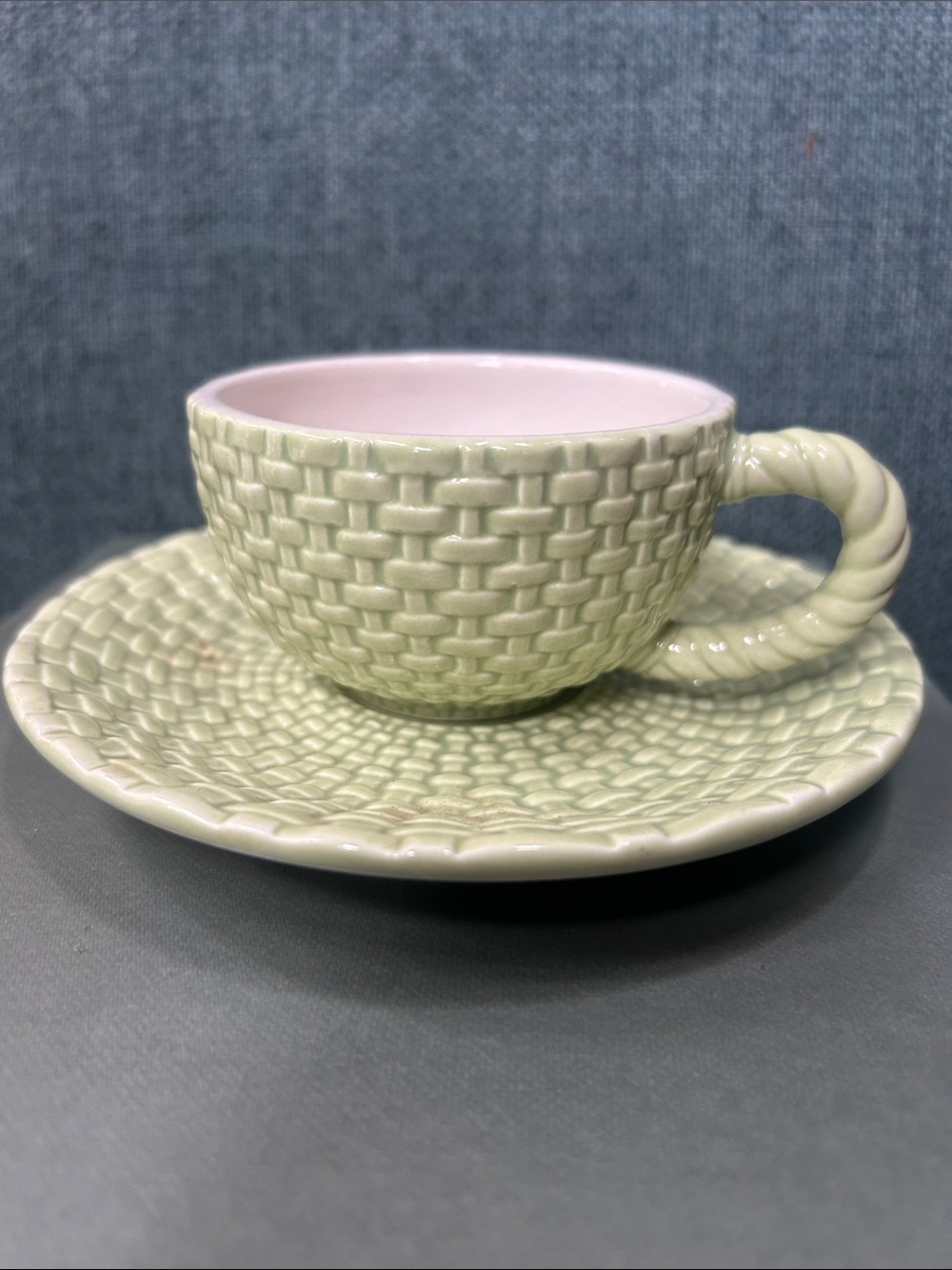 Hallmark Ceramic Woven-Texture Teacup & Saucer - Pale Green with Pink Interior